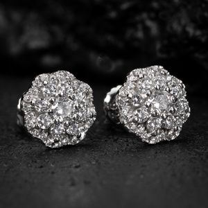 Flower Cluster Mens White Gold 925 Sterling Silver Cz Stud Screw Back Earrings